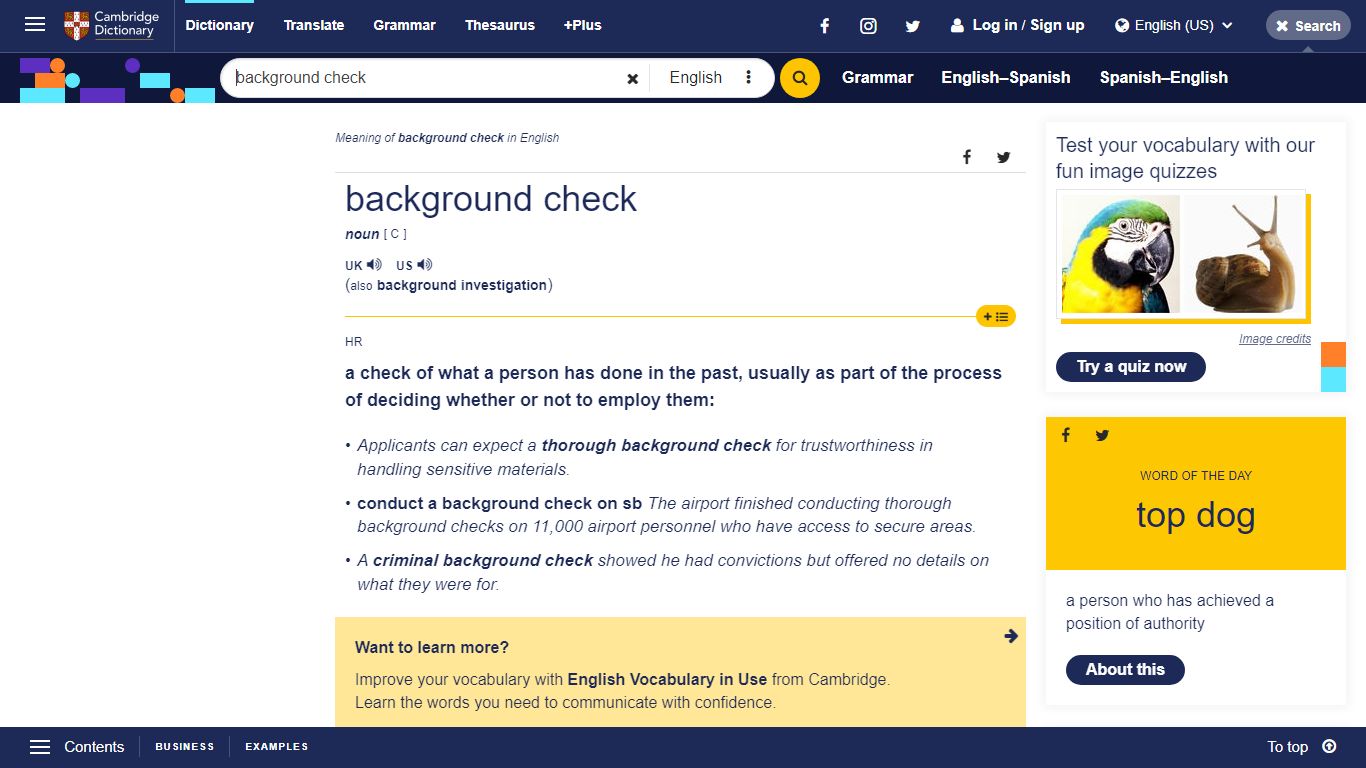 BACKGROUND CHECK | definition in the Cambridge English Dictionary